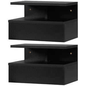 Set of 2 wall-mounted bedside tables with drawer and shelf, black