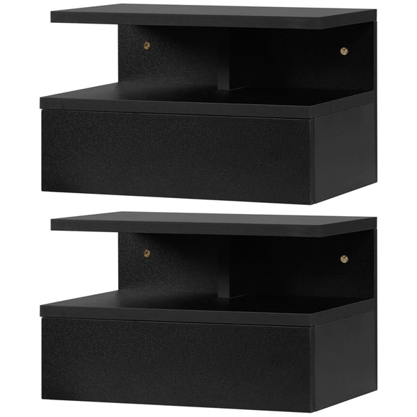 Set of 2 wall-mounted bedside tables with drawer and shelf, black