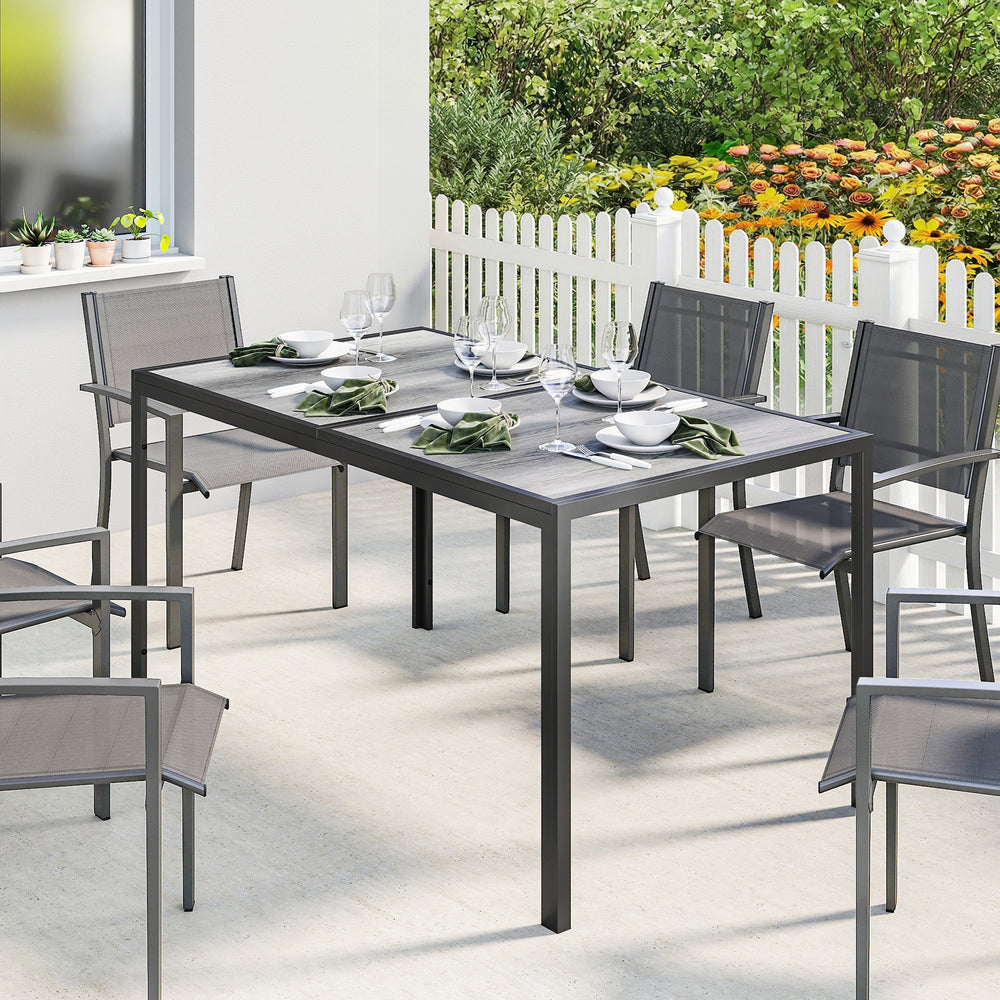 Garden table for 4 to 6 people, 150 cm (59 in), metal legs, wood-effect top, grey