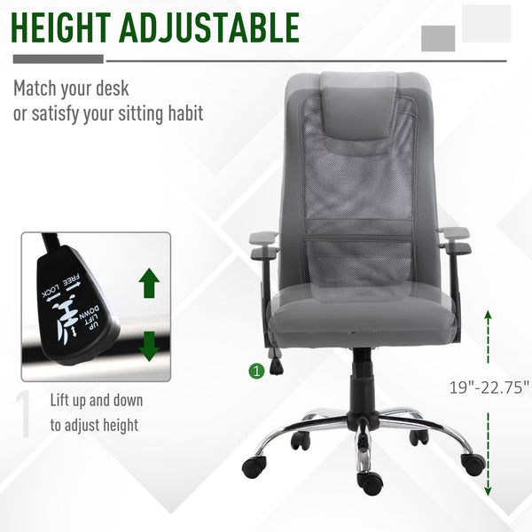 Ergonomic mesh office chair with thick padded headrest and armrests, grey.