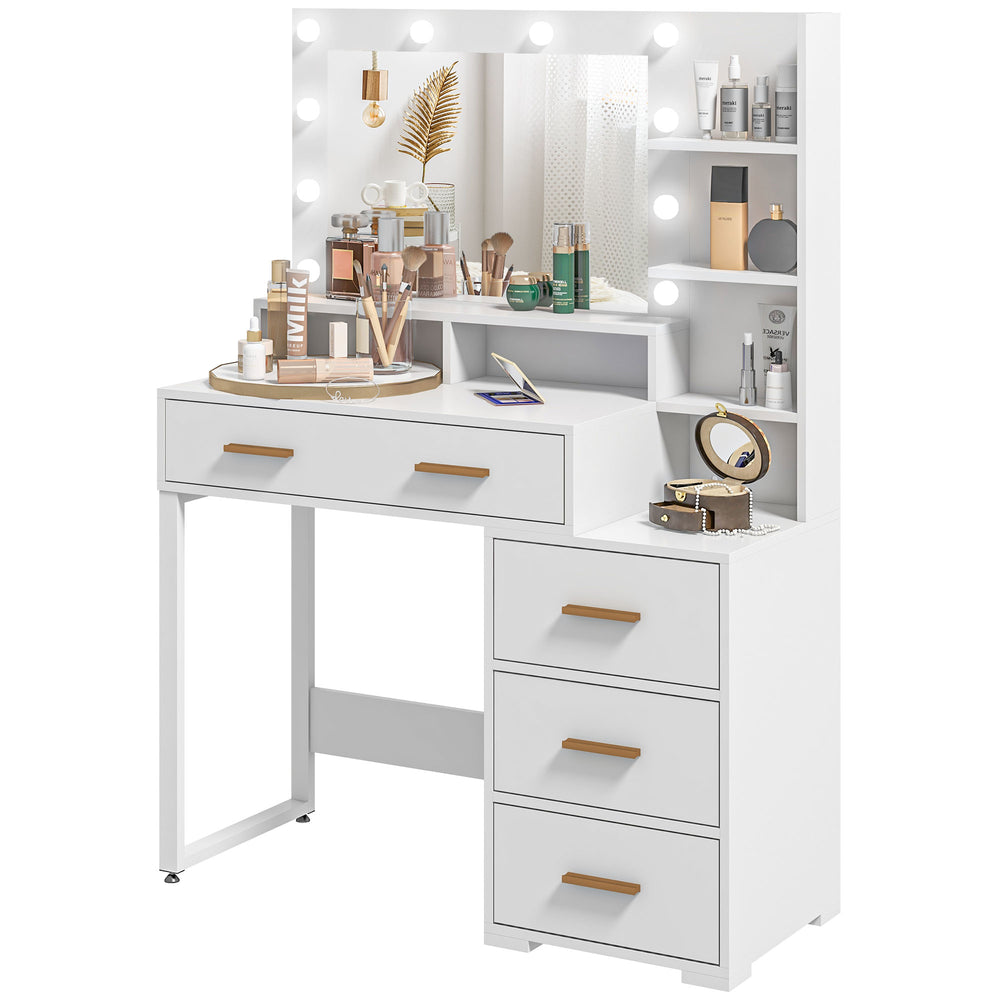 Coiffeuse lumineuse LED avec miroir, tiroir et étagères de rangement, blanche