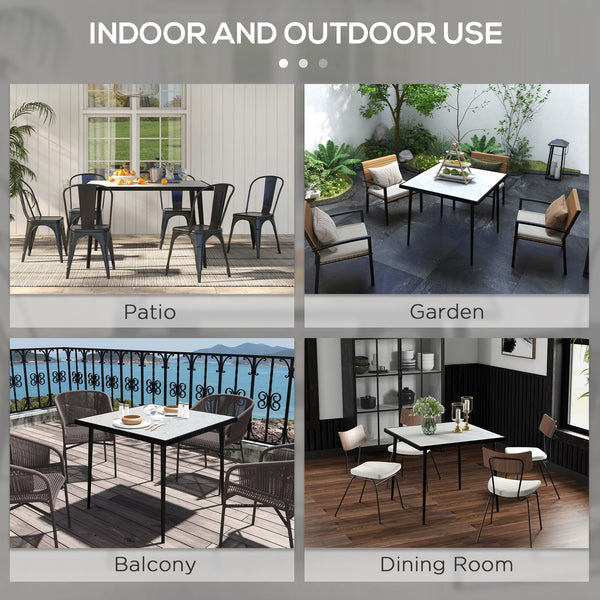 Table de salle à manger d'extérieur avec plateau en verre trempé effet marbre, blanche