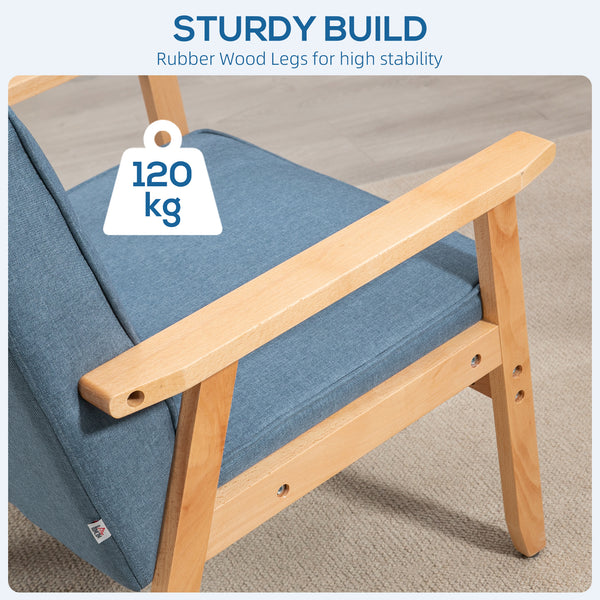 Fauteuil d'appoint moderne en tissu avec dossier capitonné et pieds en bois, bleu