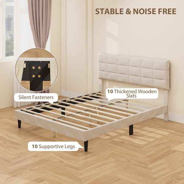 Cadre de lit Queen Size avec tête de lit rembourrée avec lattes en bois, capacité de charge de 500 kg, couleur crème