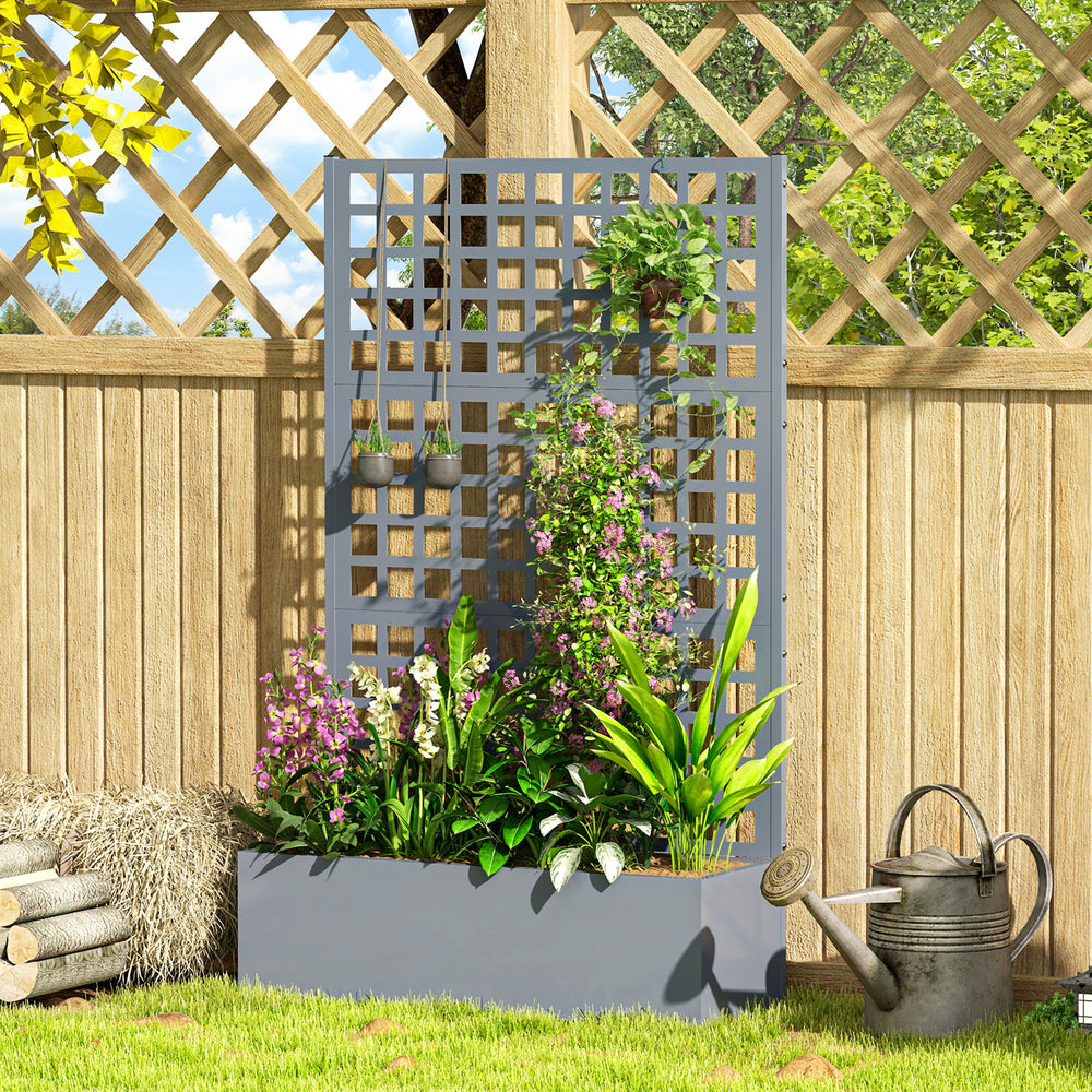 Galvanized raised planter with trellis for climbing plants and vegetables, grey wood look