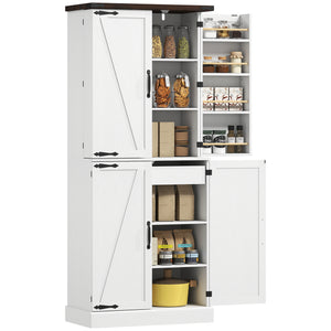 Armoire de cuisine de 183 cm de haut, style ferme, avec 8 portes et étagères réglables, blanche.