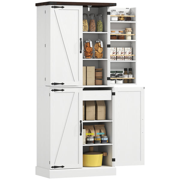 Armoire de cuisine de 183 cm de haut, style ferme, avec 8 portes et étagères réglables, blanche.