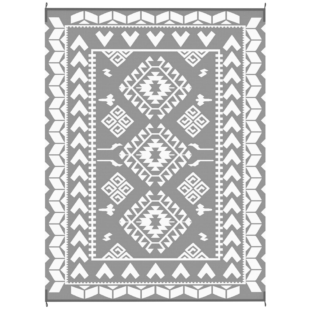 Tapis d'extérieur 9' x 12' pour camping-car, tapis de sol réversible avec sac de transport, motif patchwork losanges, gris et blanc