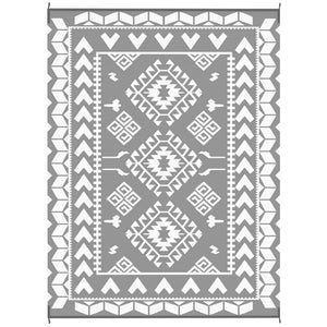 Tapis d'extérieur 9' x 12' pour camping-car, tapis de sol réversible avec sac de transport, motif patchwork losanges, gris et blanc