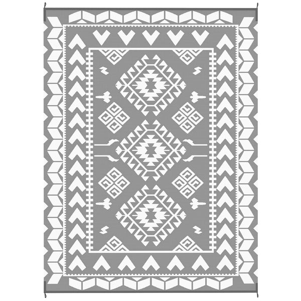 Tapis d'extérieur 9' x 12' pour camping-car, tapis de sol réversible avec sac de transport, motif patchwork losanges, gris et blanc