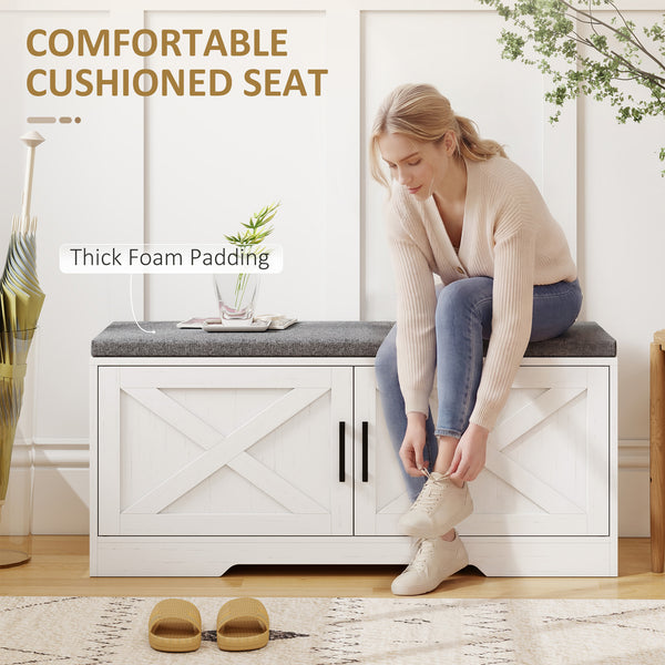 Banc d’entrée avec rangement pour chaussures, tablettes ajustables et coussin – Blanc et gris