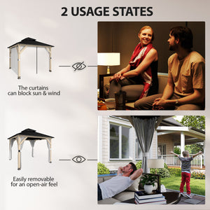 Gazebo d'extérieur 10' x 10' avec toit rigide double en acier, en bois, avec rideaux et crochets, gris clair