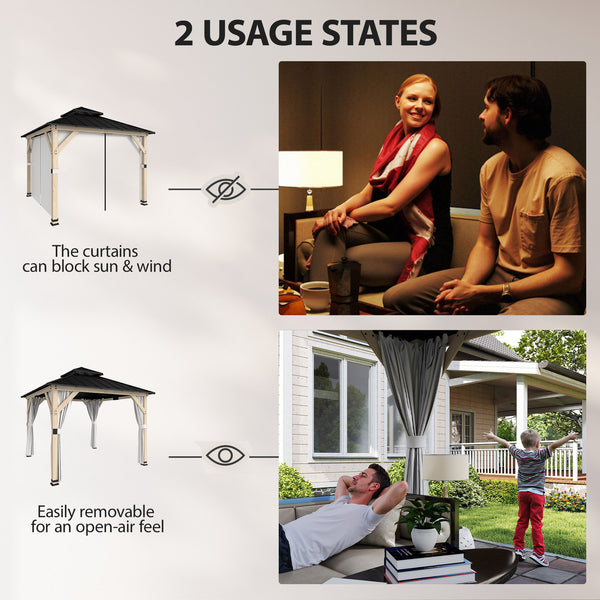 Gazebo d'extérieur 10' x 10' avec toit rigide double en acier, en bois, avec rideaux et crochets, gris clair
