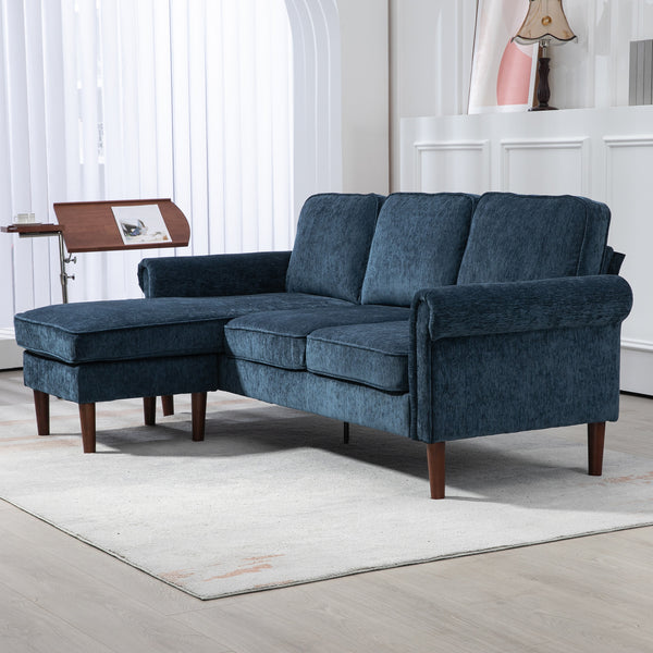 Canapé d'angle moderne avec méridienne amovible, pieds en bois, bleu foncé