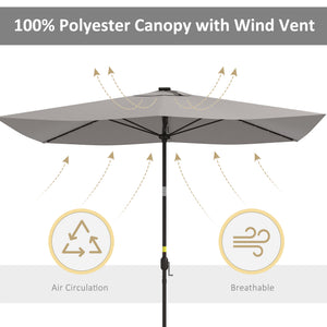 Parasol de 9,7 pieds en aluminium avec éclairage LED solaire et manivelle, gris clair