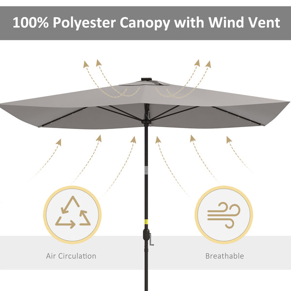 Parasol de 9,7 pieds en aluminium avec éclairage LED solaire et manivelle, gris clair