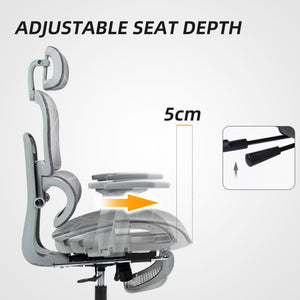 Chaise de bureau en résille avec accoudoirs 3D, dossier haut et soutien lombaire, inclinable à 135°, appui-tête réglable, gris