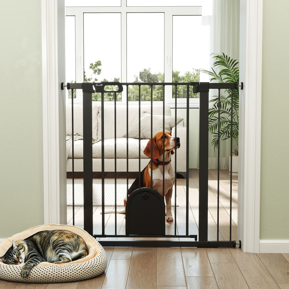 Barrière extra large pour animaux de 76 à 104 cm avec petite porte, ajustement par pression pour escalier, noire