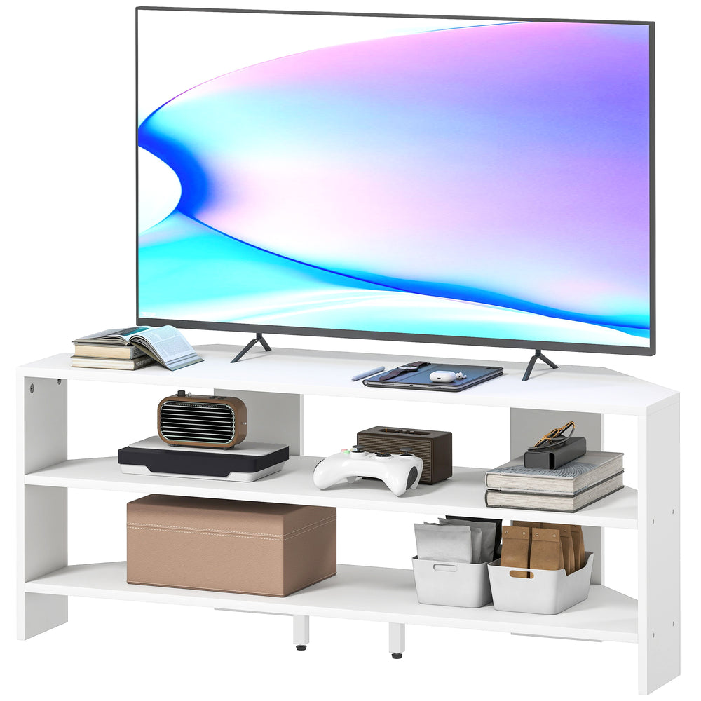 Meuble TV d'angle avec 2 étagères ouvertes pour TV 47 pouces, blanc