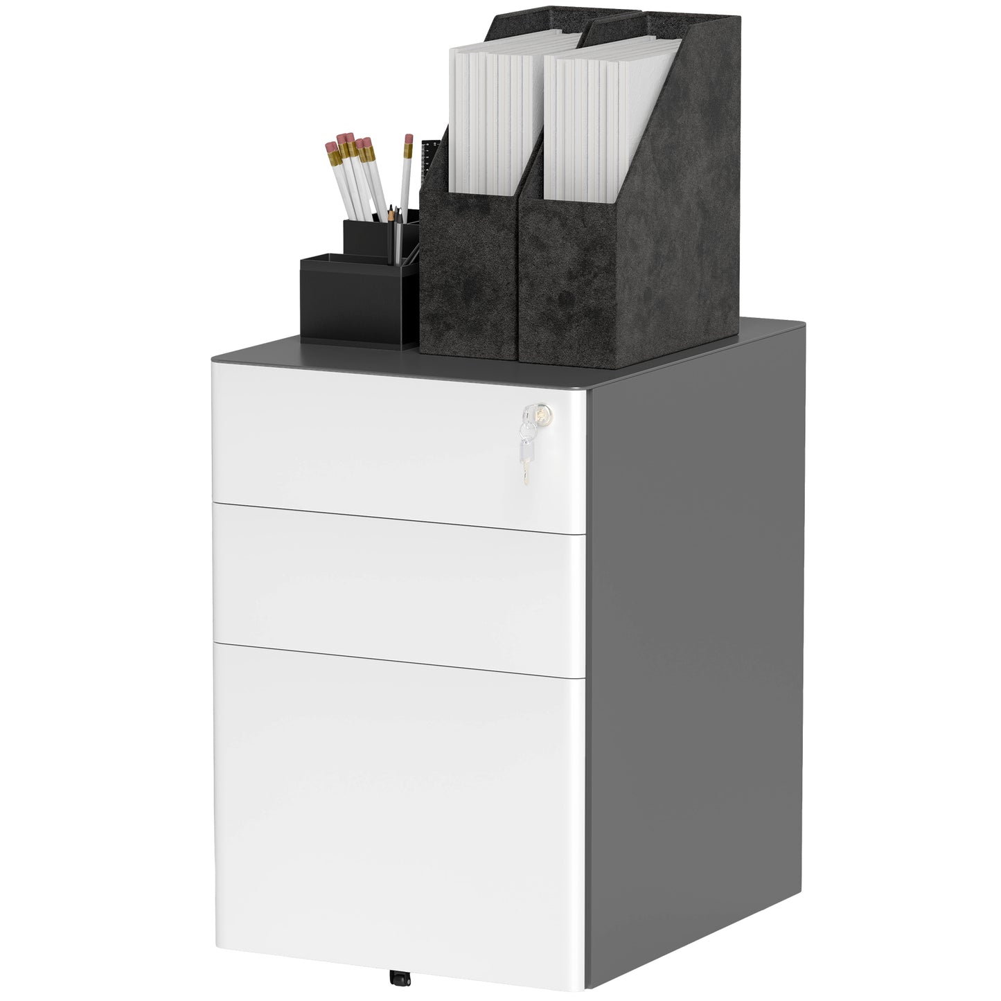 Classeur Vinsetto 3 tiroirs, meuble de rangement à roulettes pour bureau à domicile, serrure pour dossiers A4, lettres et format légal, gris et blanc