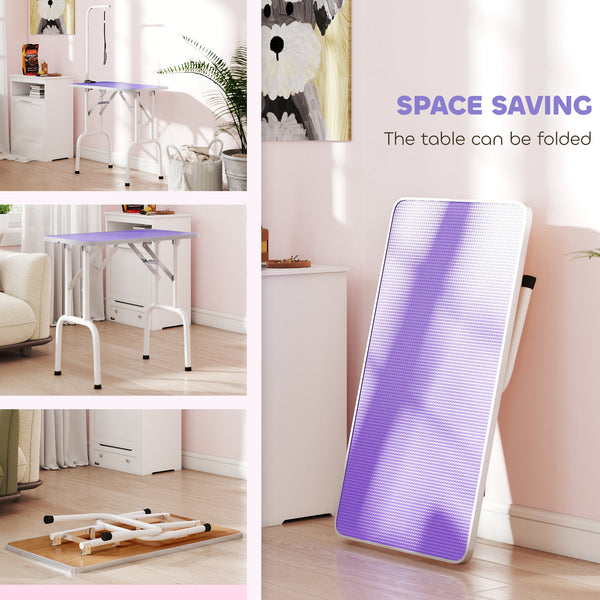 Foldable Pet Grooming Table for Dogs Cats with Adjustable Arm, Non-slip Surface, Purple