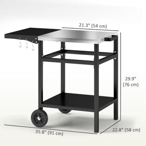 Kitchen trolley with stainless steel top and folding side table, black