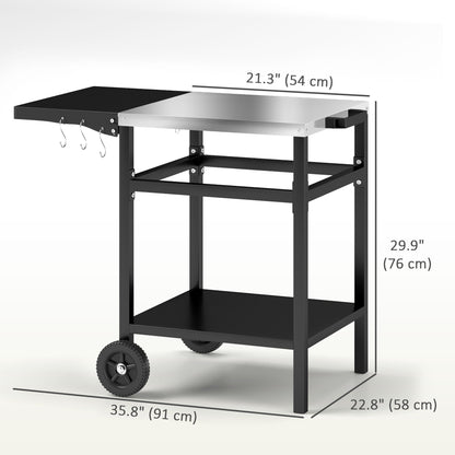 Outsunny Outdoor Kitchen Prep Station with Stainless Steel Top and Foldable Side Table, Pizza Oven Table Outdoor Prep Table with Hooks Shelf, Movable BBQ Table with Cover, Black |