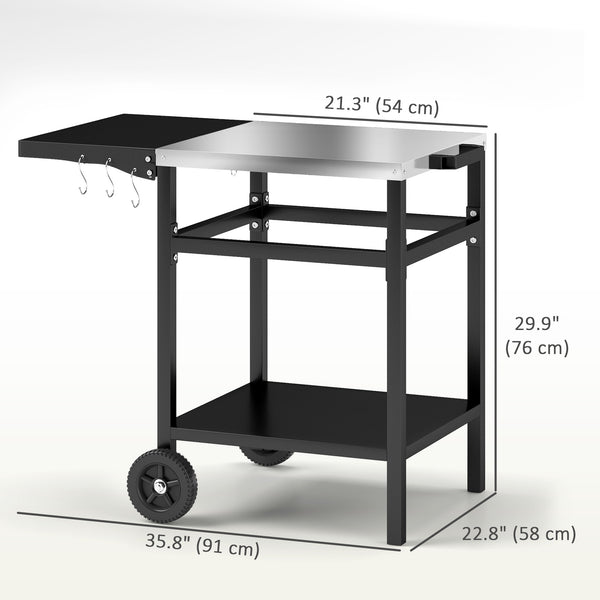 Kitchen trolley with stainless steel top and folding side table, black