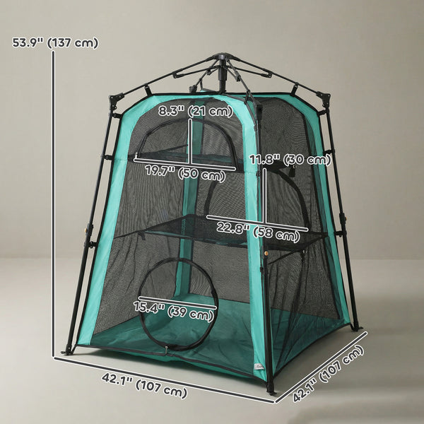 3-tier portable pet tent, indoor/outdoor use, multiple doors, carry bag, and breathable mesh.