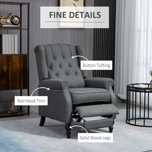 Recliner with ottoman, tufted and rolled arms, dark gray