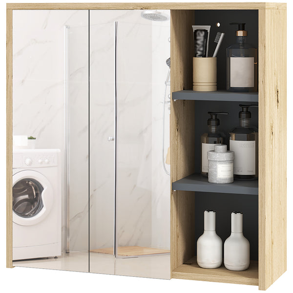 Armoire murale de salle de bain avec miroir et 5 espaces de rangement – Effet bois naturel