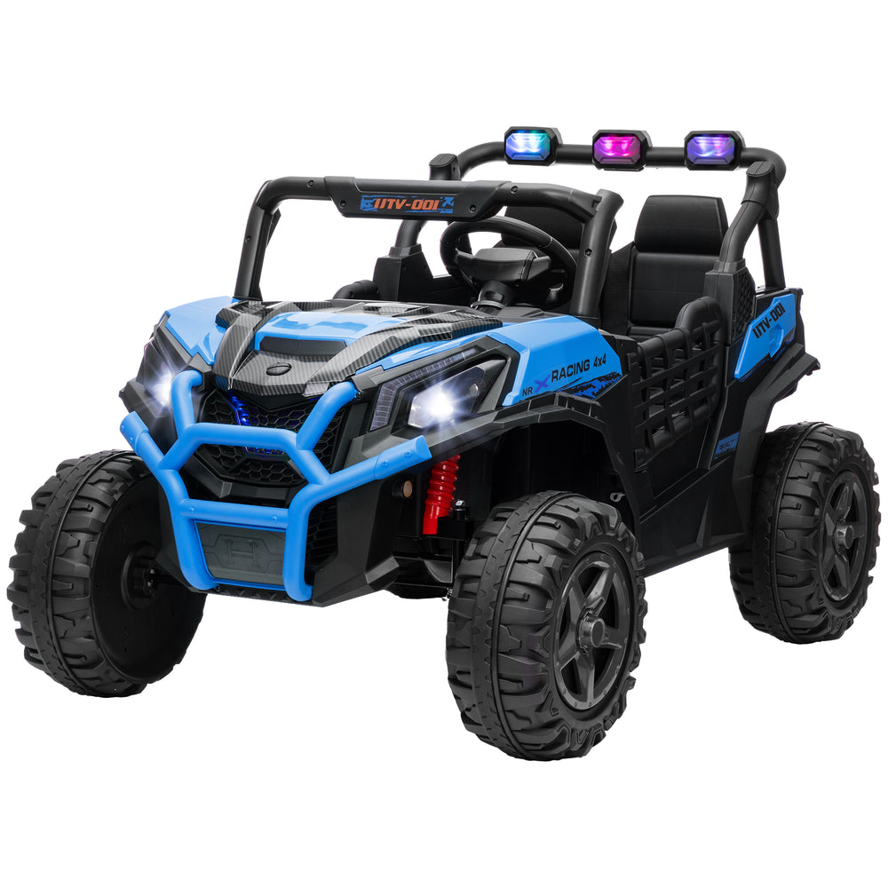 Voiture électrique 24 V pour enfants, 2 places avec télécommande parentale, 3 vitesses, lumières LED, musique, klaxon et suspension à ressorts, bleu