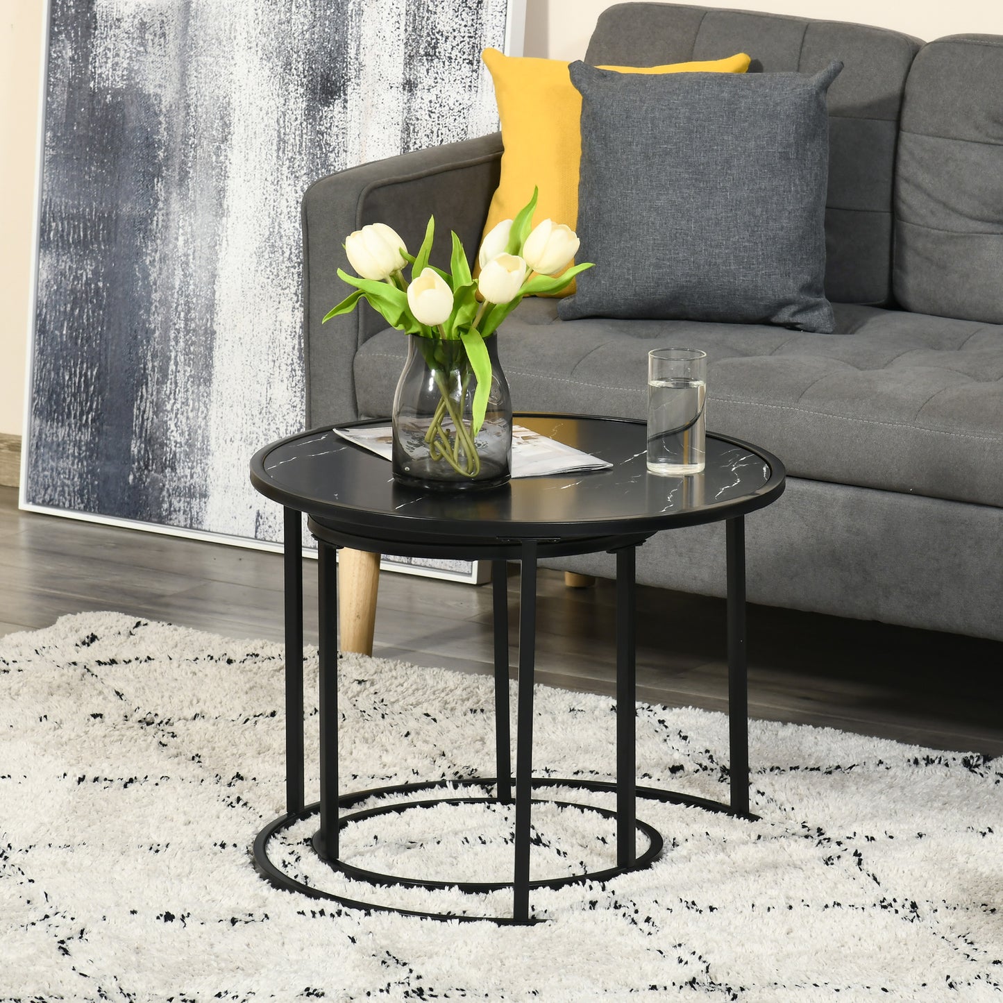 Lot de 2 tables basses rondes modernes avec plateau en faux marbre et cadre en métal, noir