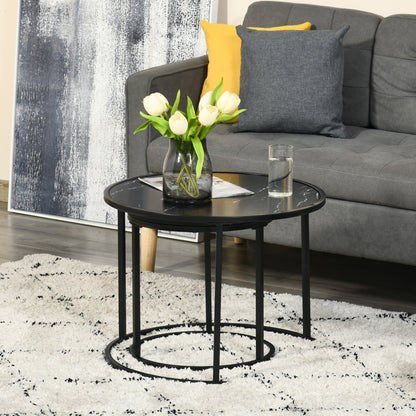 Lot de 2 tables basses rondes modernes avec plateau en faux marbre et cadre en métal, noir