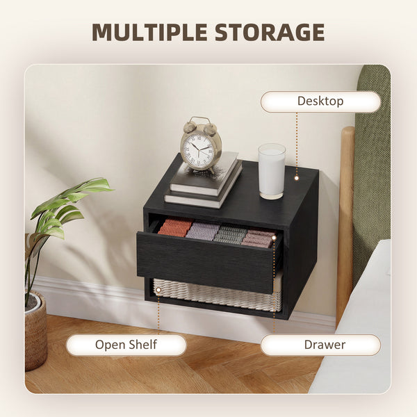 Ensemble de 2 tables de chevet flottantes avec tiroir et tablette ouverte – Noir