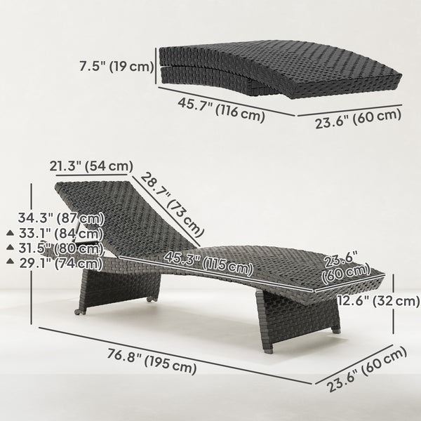 Chaise longue pliante en osier avec dossier réglable sur 4 niveaux, noire