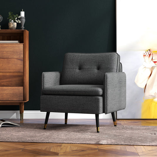 Fauteuil d'appoint moderne rembourré avec coussin de dossier capitonné et pieds en acier, pour salon et chambre, gris foncé