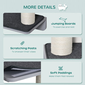 Arbre à chat mural avec 4 plateformes et 3 griffoirs, gris clair