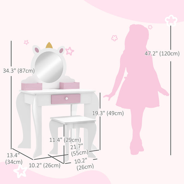 Unicorn Dressing Table with Stool, Mirror, Drawer and Storage Boxes, White