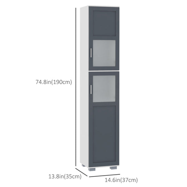 Meuble de rangement de salle de bain avec portes en verre mat et étagères à 5 niveaux, blanc et gris