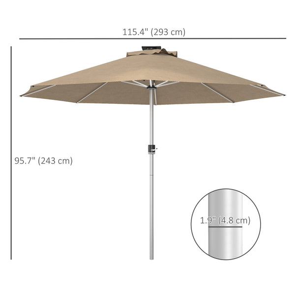 Parasol lumineux à LED de 9,6 pieds, avec 4 modes d'éclairage, chargement solaire et USB, beige