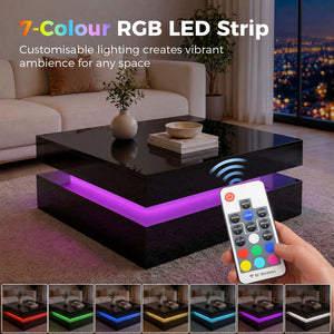 Table basse LED avec rangement à 2 niveaux avec étagère ouverte et télécommande pour salon, noir brillant