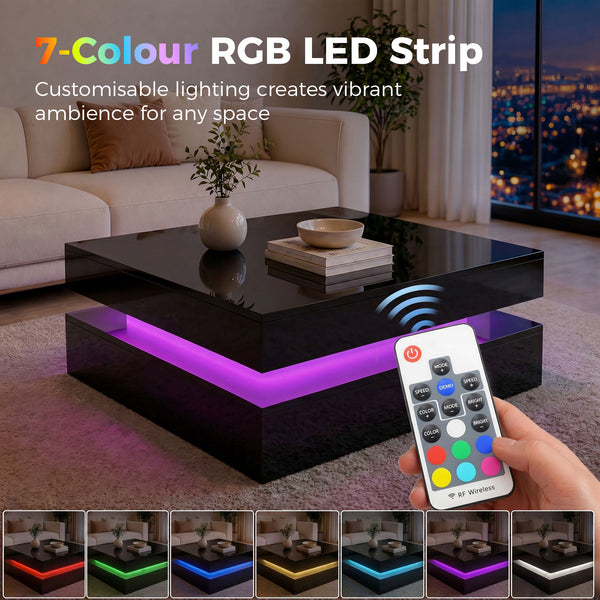 Table basse LED avec rangement à 2 niveaux avec étagère ouverte et télécommande pour salon, noir brillant