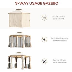 Gazebo hexagonal 13 pi avec moustiquaire et rideaux ombragés, beige
