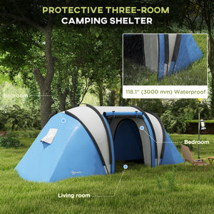 Camping tent with 2 rooms and a living area, 3000 mm waterproof, blue/grey