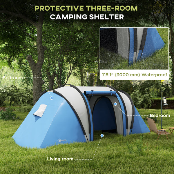 Camping tent with 2 rooms and a living area, 3000 mm waterproof, blue/grey