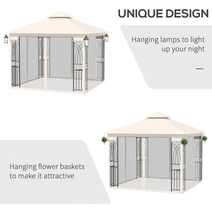 Gazebo de terrasse 10'x10' à toit souple avec toit à deux niveaux, rideaux en maille, étagères de présentation, crochets supérieurs, couleur crème