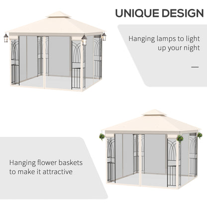 Gazebo de terrasse 10'x10' à toit souple avec toit à deux niveaux, rideaux en maille, étagères de présentation, crochets supérieurs, couleur crème