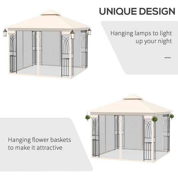 Gazebo de terrasse 10'x10' à toit souple avec toit à deux niveaux, rideaux en maille, étagères de présentation, crochets supérieurs, couleur crème