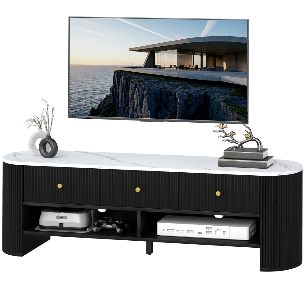 Meuble TV moderne avec plateau effet marbre, 3 tiroirs et 2 étagères ouvertes, noir